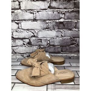 Cecilia New York Beige Suede Leather Bow Pointed Toe Mules Women Sz 7.5B US/38EU